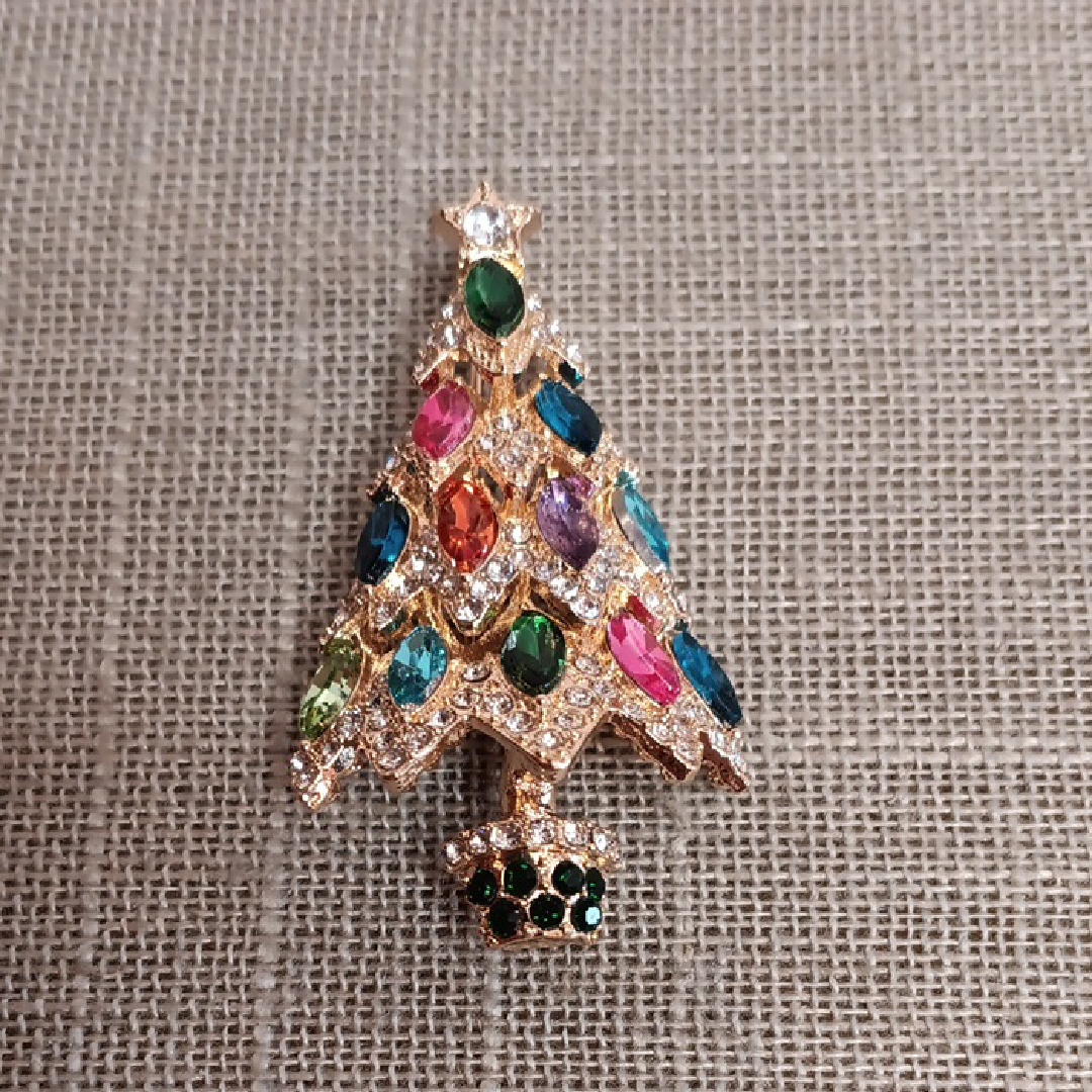 Multicolor Christmas Tree Gold Tone Brooch